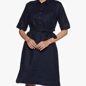 United Colors of Benetton Linen Navy Blue Belted Shirt Dress